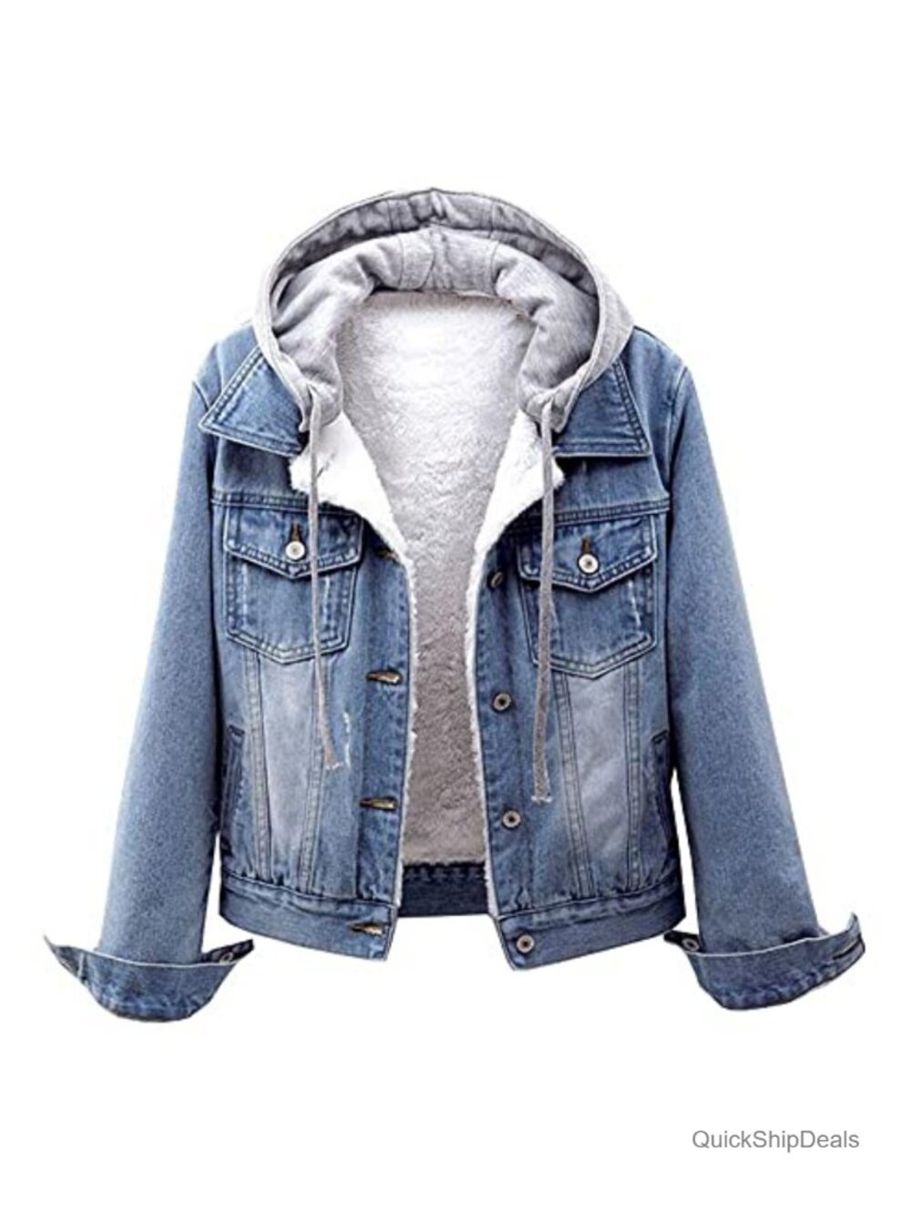 Sherpa Fur Lined Denim Jean Trucker Jacket with Detachable Hood